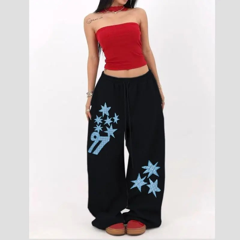 Dark Gothic Star Print Wide Leg Drawstring Sweatpants Unisex