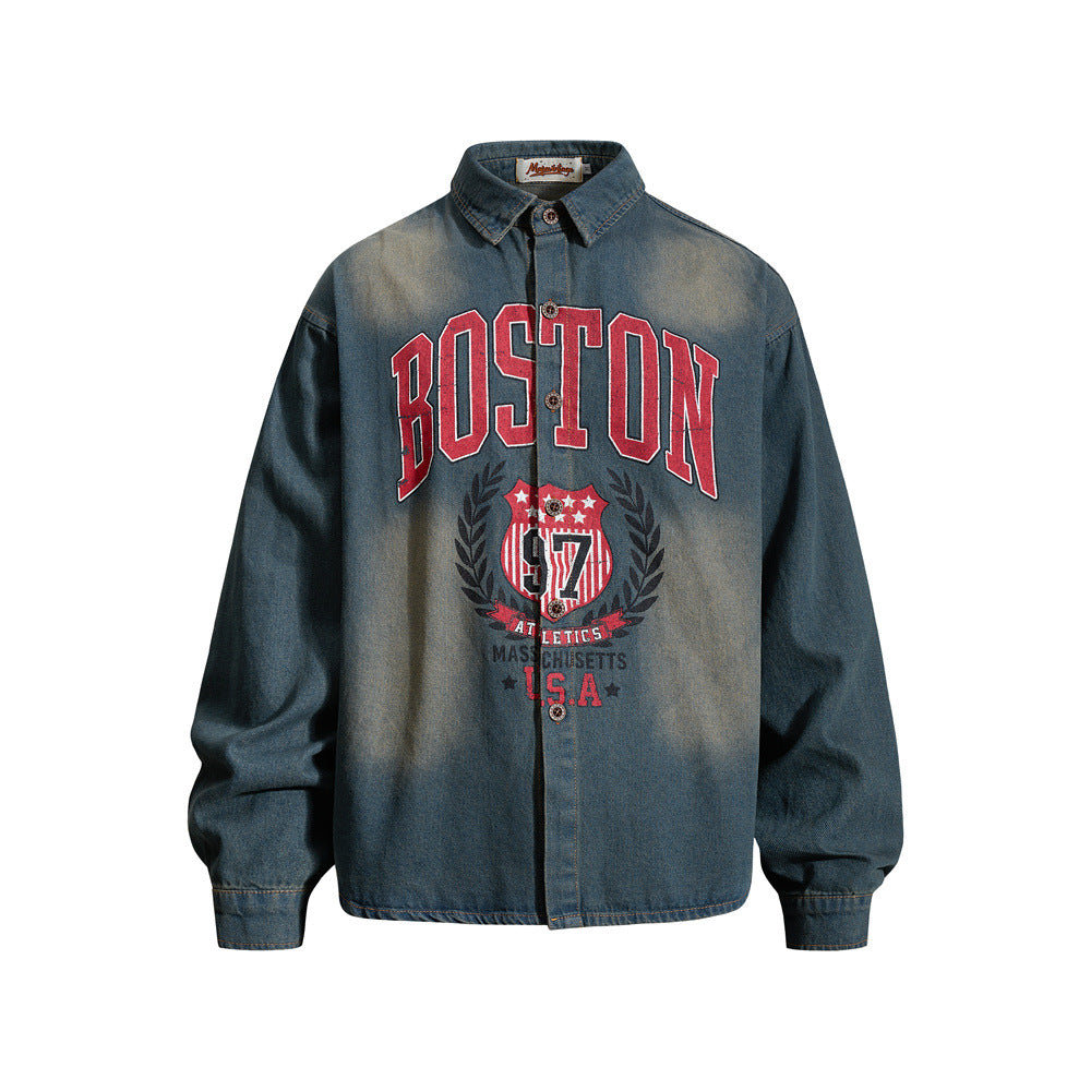 Men's Casual Vintage  Letter Print Long Sleeve Washed Distressed Denim Shirt