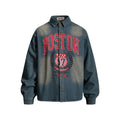 Men's Casual Vintage  Letter Print Long Sleeve Washed Distressed Denim Shirt
