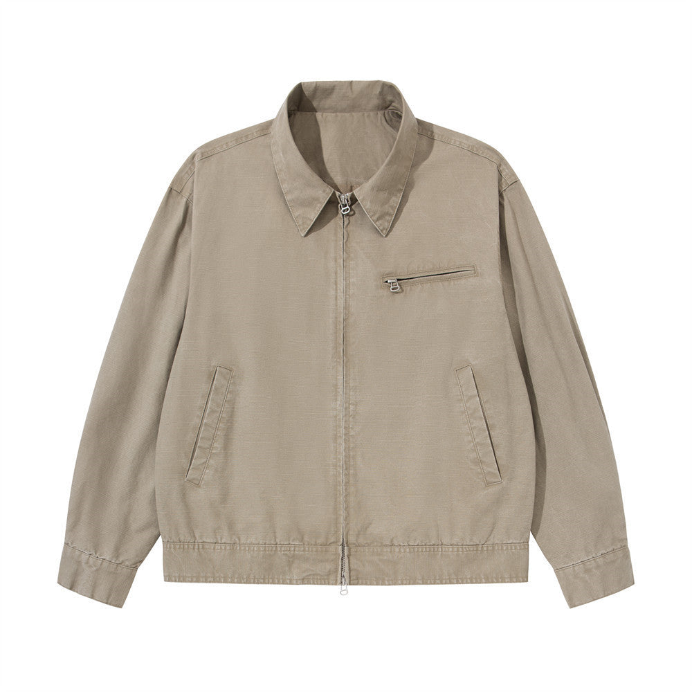 Vintage  Distressed Washed Two-Way Zipper Lapel Collar Loose Fit Men's Workwear Jacket