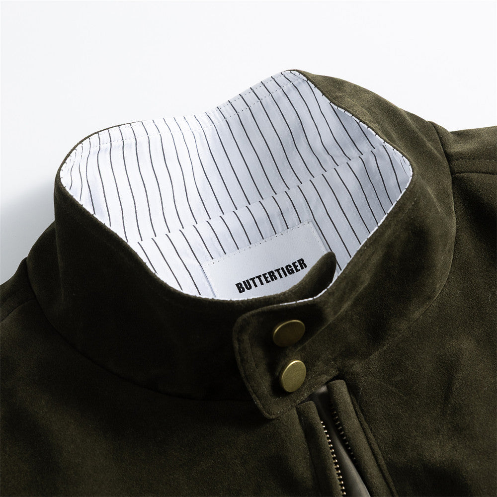 Men's Workwear Style Leather Patchwork Striped Stand Collar Loose Fit Harrington Jacket