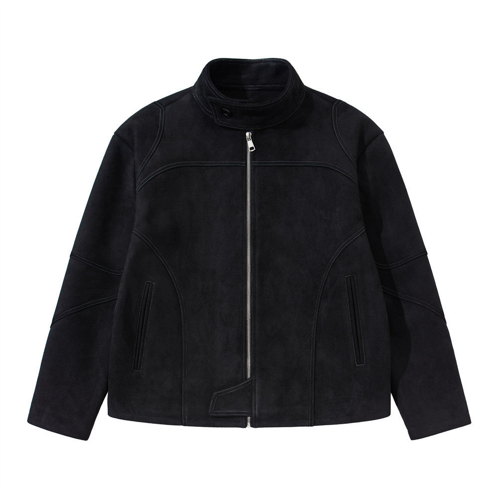 Men's Solid Color Zipper Stand Collar Jacket Loose Fit Deconstructed Splicing
