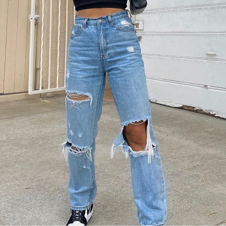 High Waist Straight Women's Ripped Jeans Women Blue Denim Trousers Fashion Streetwear Wide Leg Baggy Y2k Casual Pants