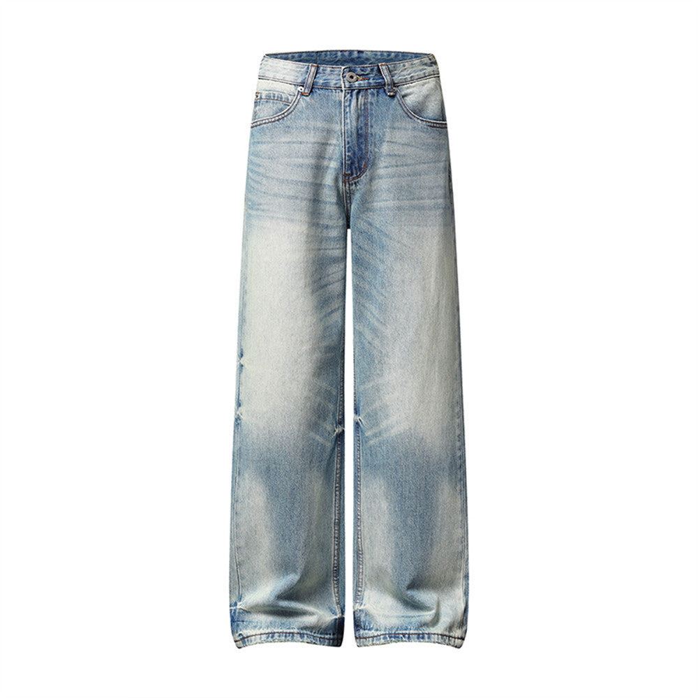 Men's Vintage  Washed Distressed Wide Leg Ripped Hem Denim Jeans