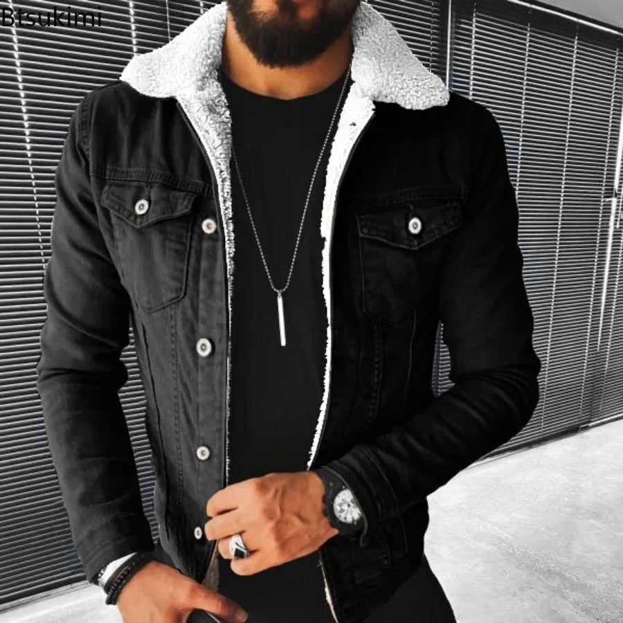 Autumn Winter Men's Imitation Lamb Fleece Thickened Warm Denim Coats Plush Lapel Button Long Sleeve Denim Jackets for Men