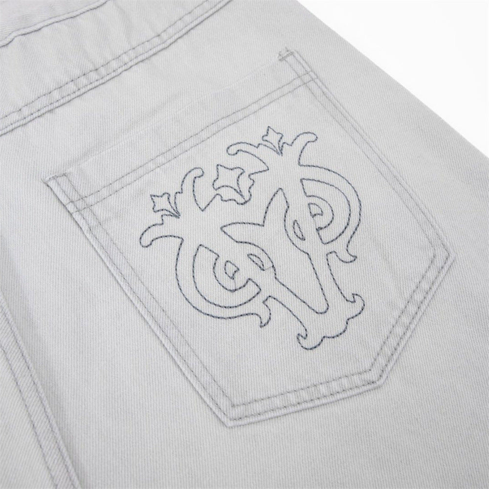 Men's Clean Fit Denim Button Fly Straight Leg Casual Pants with Back Pocket Embroidery