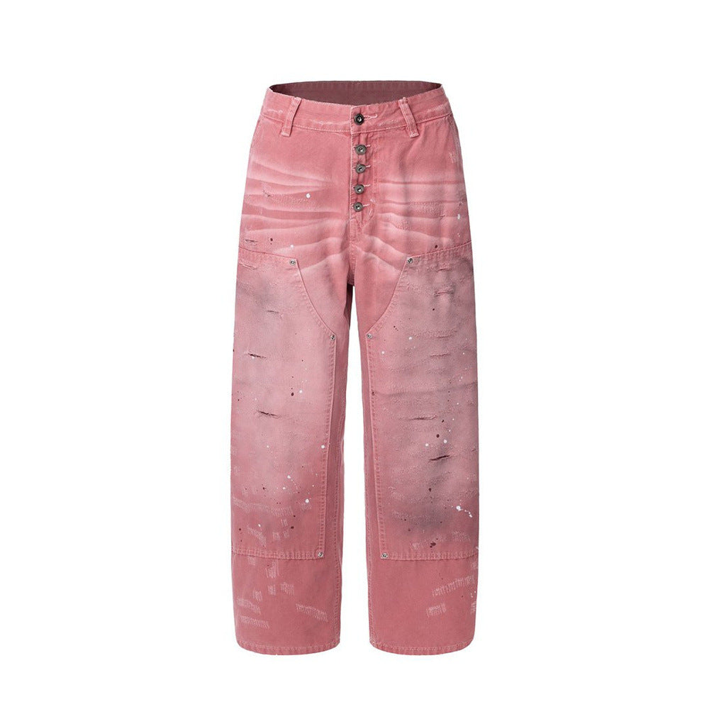 Men's Casual Wasteland Punk Paint Splatter Distressed Ripped Patchwork Canvas Button Straight Leg Cargo Pants