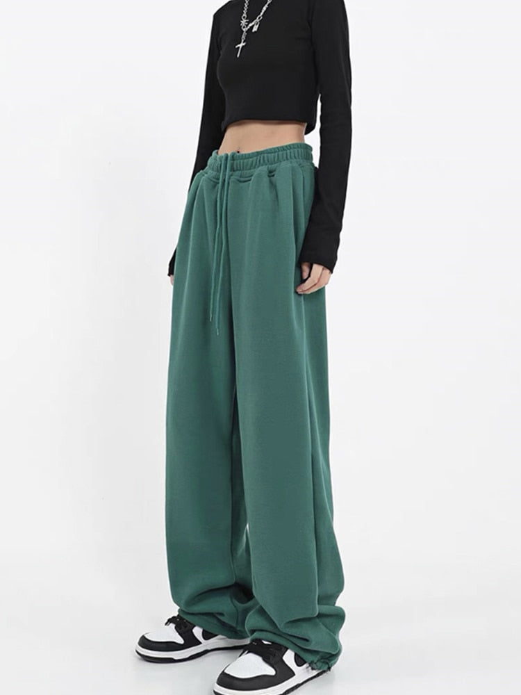 Women Solid Jogging Sweatpants Women Pants Baggy Sports Pants Chic High Waist Lace Up Folds Streetwear Casual Female Trousers