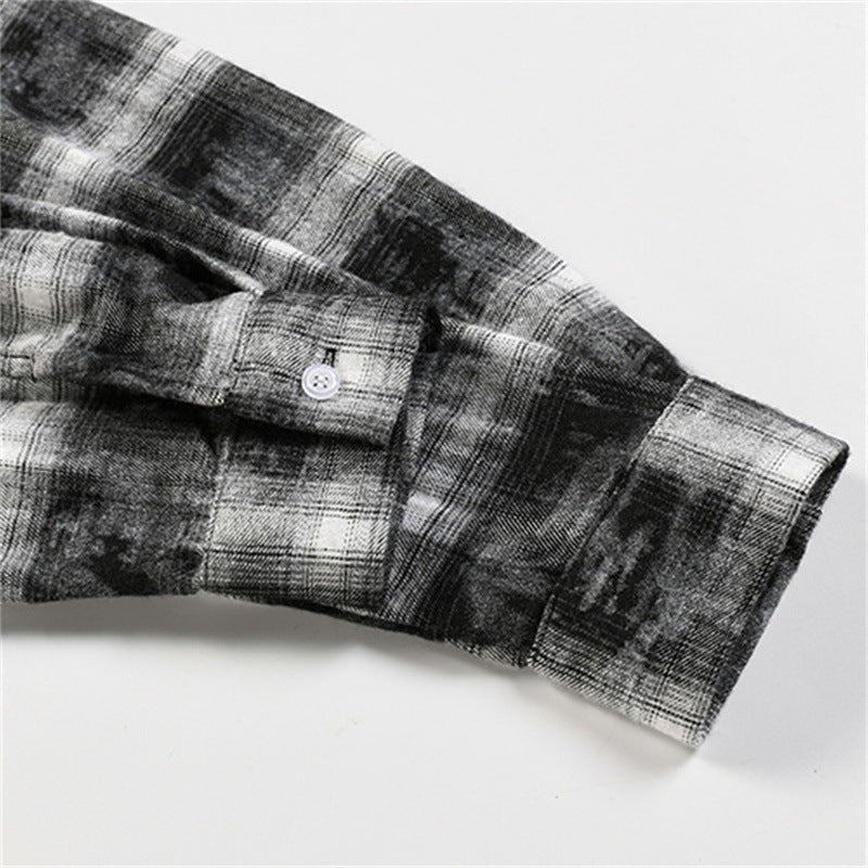 Men's Wasteland Style Distressed Plaid Tie-Dye Long Sleeve Casual Shirt