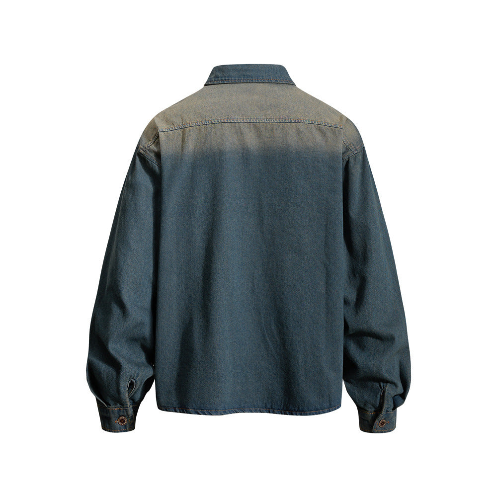 Men's Casual Vintage  Letter Print Long Sleeve Washed Distressed Denim Shirt