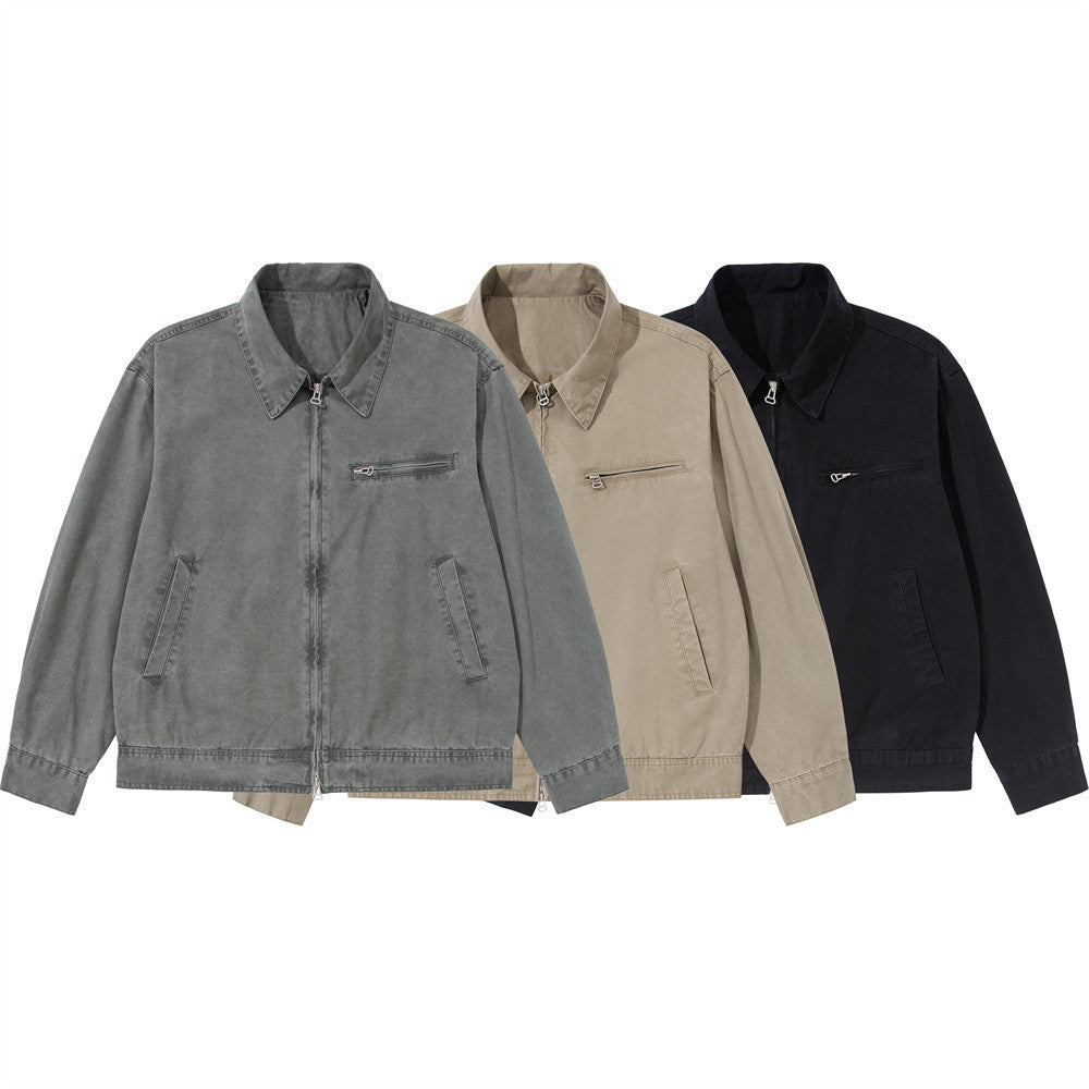 Vintage  Distressed Washed Two-Way Zipper Lapel Collar Loose Fit Men's Workwear Jacket