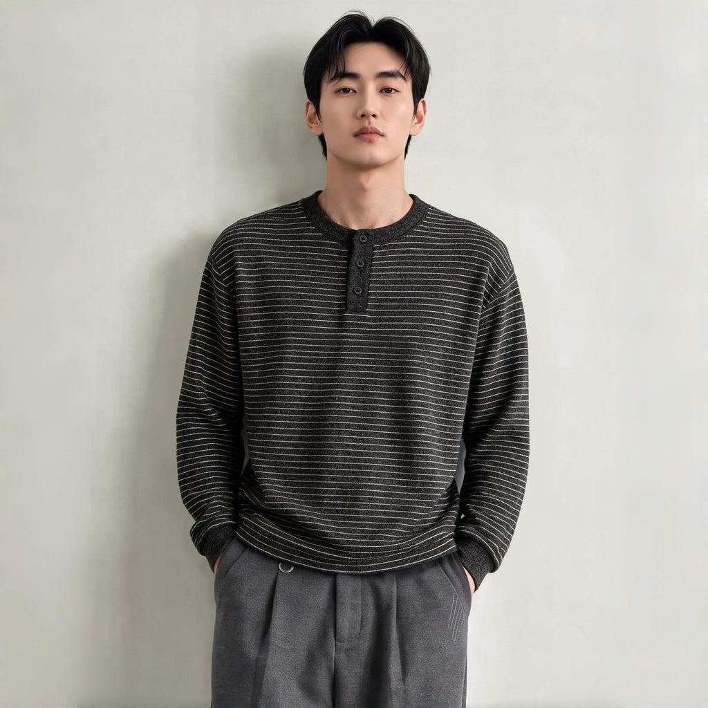 Men's Vintage Casual Loose Fit Striped Long Sleeve Henley Collar Fleece Lined Wool Blend Sweatshirt