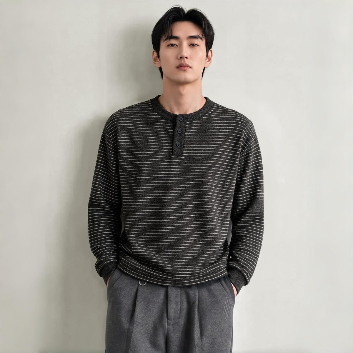 Men's Vintage Casual Loose Fit Striped Long Sleeve Henley Collar Fleece Lined Wool Blend Sweatshirt