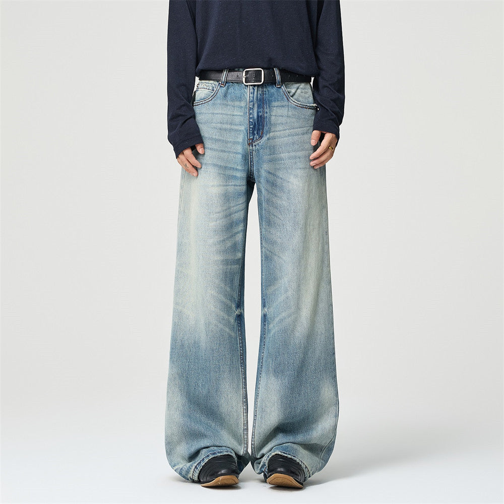 Men's Vintage  Washed Distressed Wide Leg Ripped Hem Denim Jeans