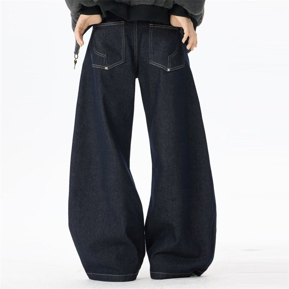 Men's High Street Wide Leg Raw Denim Jeans Solid Color Loose Fit Pleated Trousers with Pockets