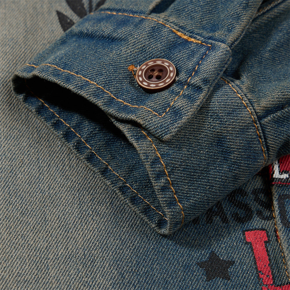 Men's Casual Vintage  Letter Print Long Sleeve Washed Distressed Denim Shirt