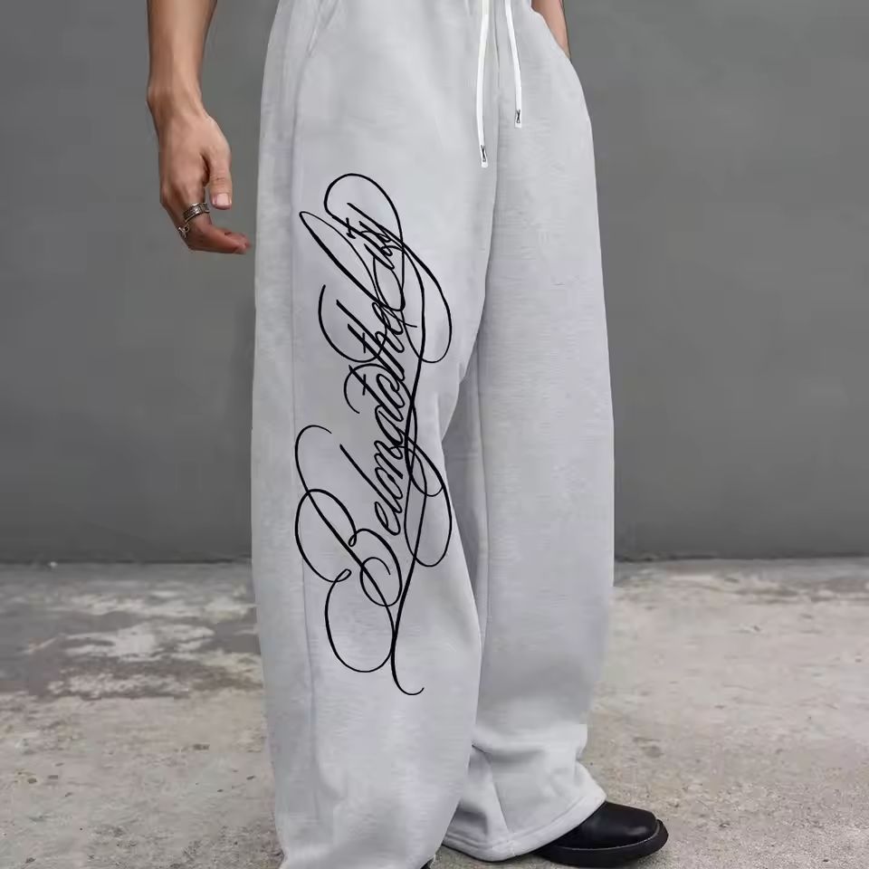 Dark Gothic Letter Print Loose Wide-leg Drawstring Unisex Sweatpants