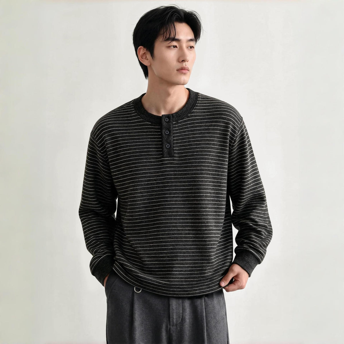 Men's Vintage Casual Loose Fit Striped Long Sleeve Henley Collar Fleece Lined Wool Blend Sweatshirt