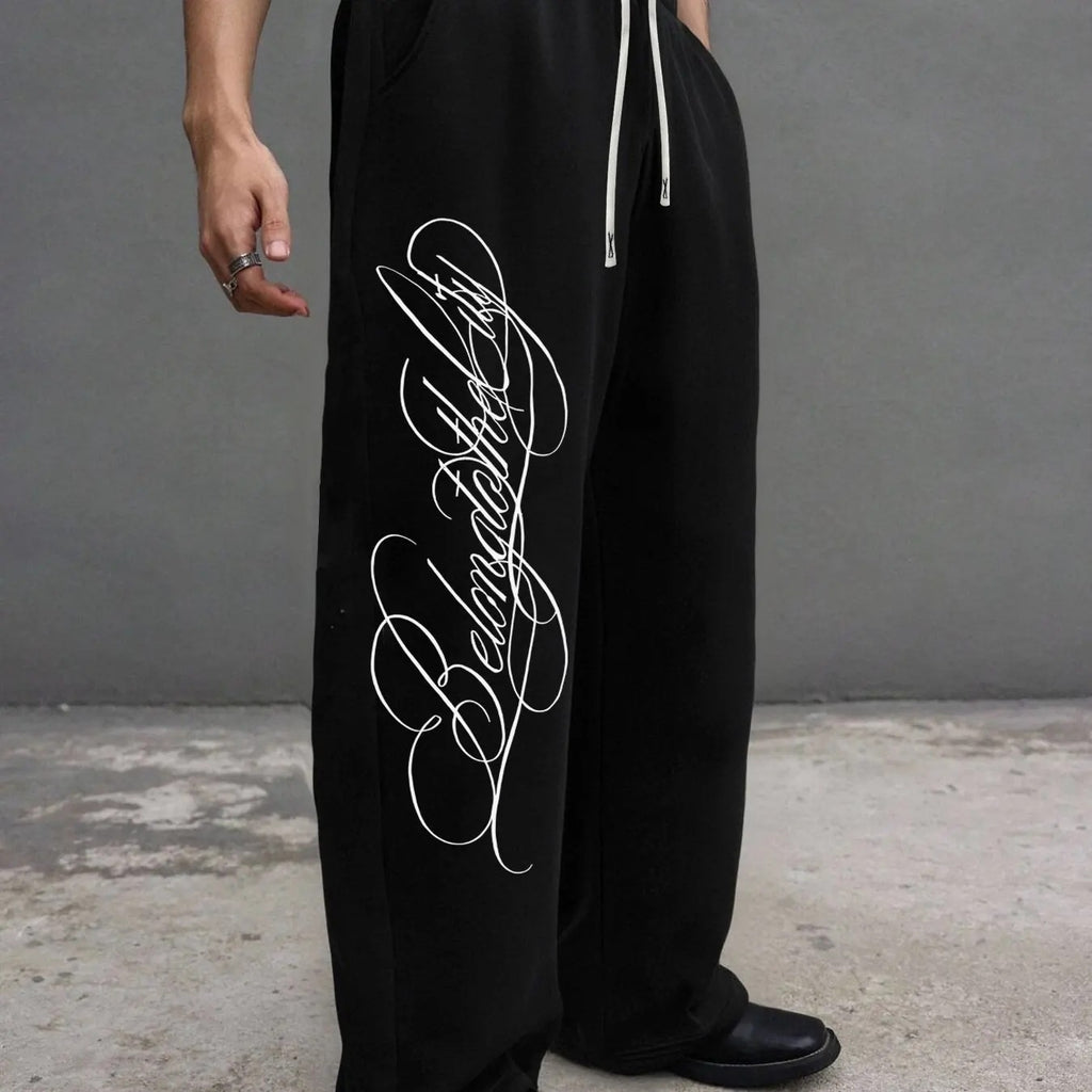 Dark Gothic Letter Print Loose Wide-leg Drawstring Unisex Sweatpants