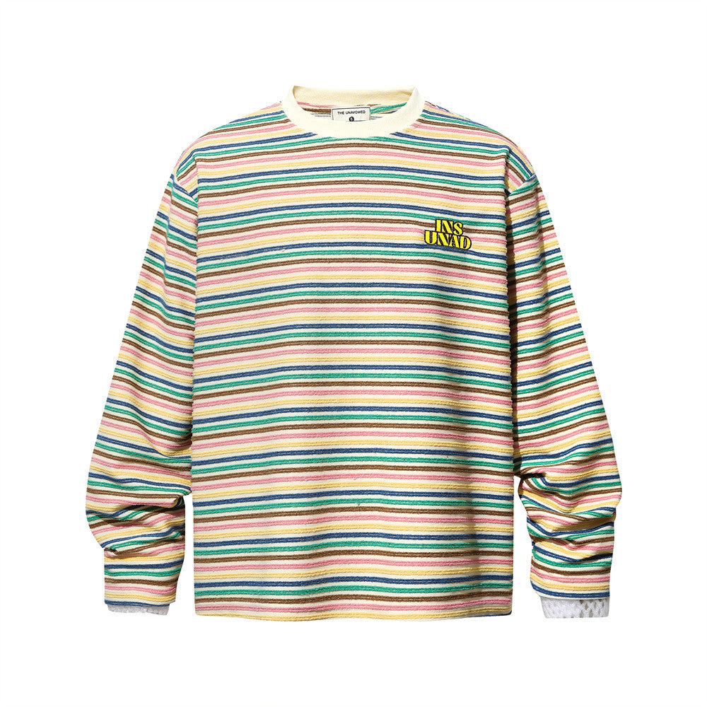 Vintage Casual Yarn-Dyed Striped Long Sleeve Crew Neck Men's T-Shirt