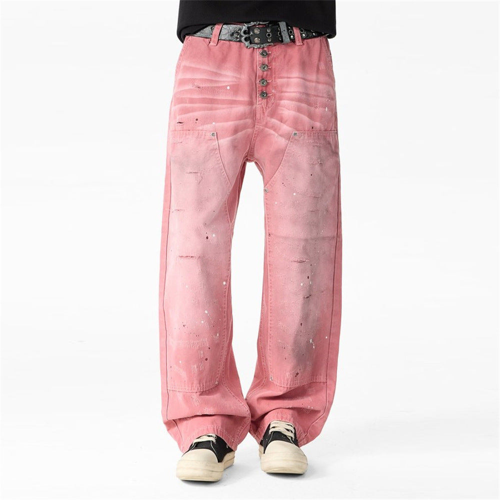 Men's Casual Wasteland Punk Paint Splatter Distressed Ripped Patchwork Canvas Button Straight Leg Cargo Pants