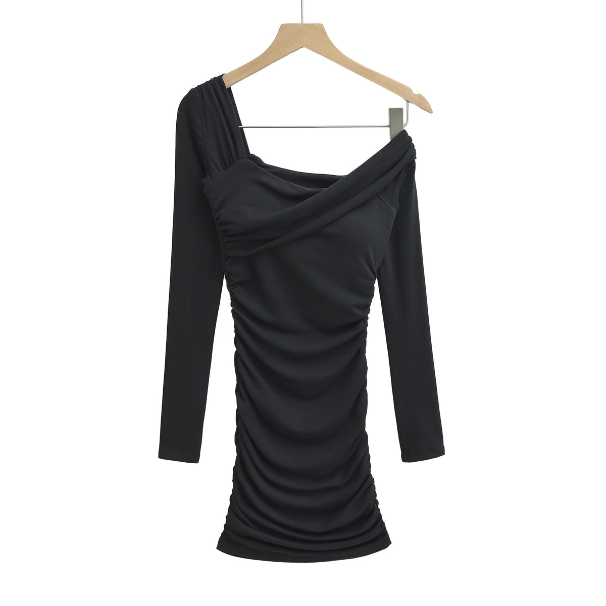 Ruched Off-Shoulder Long Sleeve Slim Fit Bodycon Short Dress