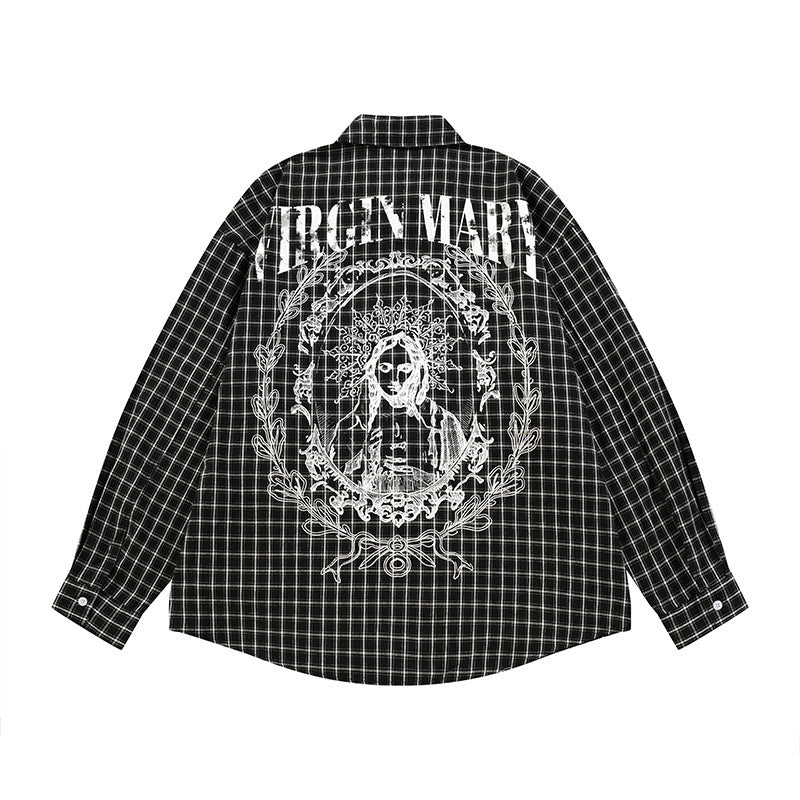 Men's  Hip-hop Portrait Plaid Long Sleeve Turn-down Collar Shirt