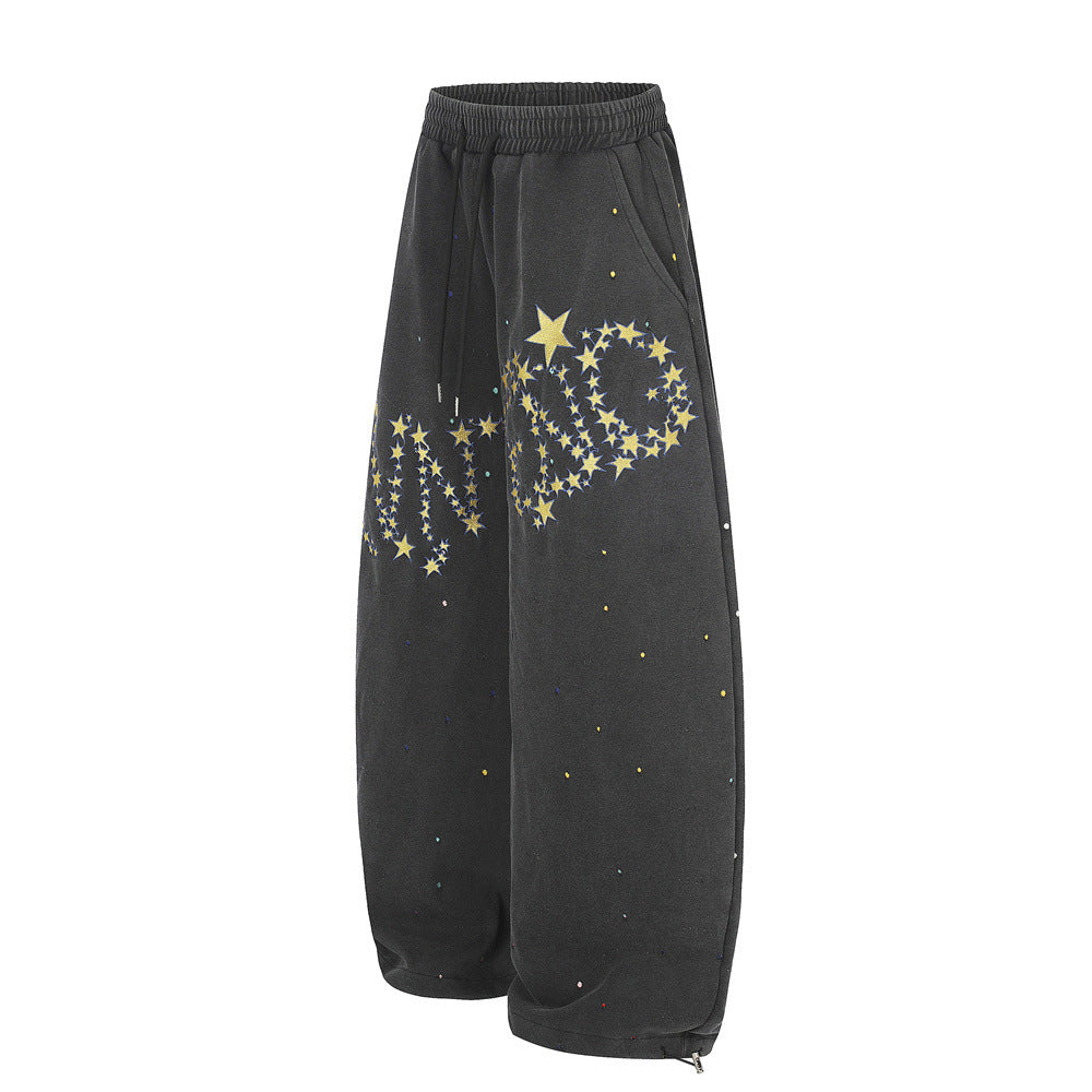 Men's Distressed Star Letter Print Wide Leg Baggy Pants Casual Streetwear Trousers