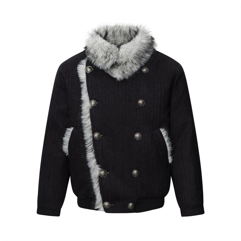 Quilted Cotton Jacket Double-Breasted High Neck Fur Collar Coat