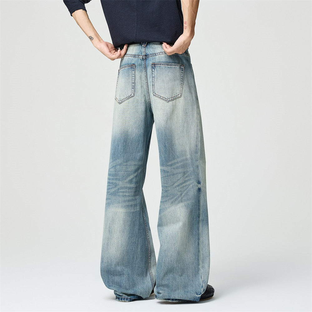 Men's Vintage  Washed Distressed Wide Leg Ripped Hem Denim Jeans