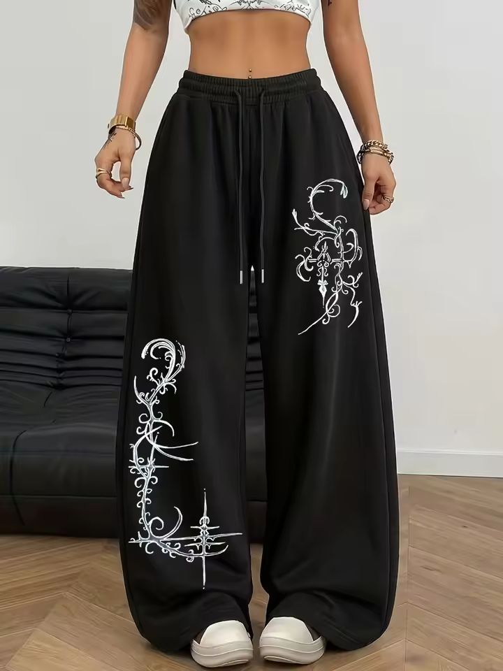 Dark Gothic Star Print Wide Leg Drawstring Sweatpants Unisex