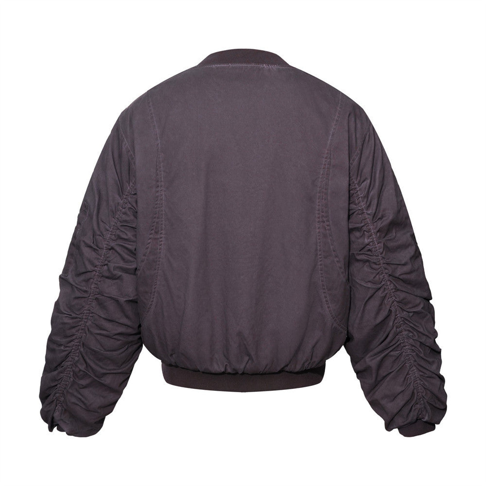 Men's Wasteland Vintage Distressed Spray Wash Ruched Long Sleeve Aviator Buckle Stand Collar Oversized Cotton Padded Baseball Jacket