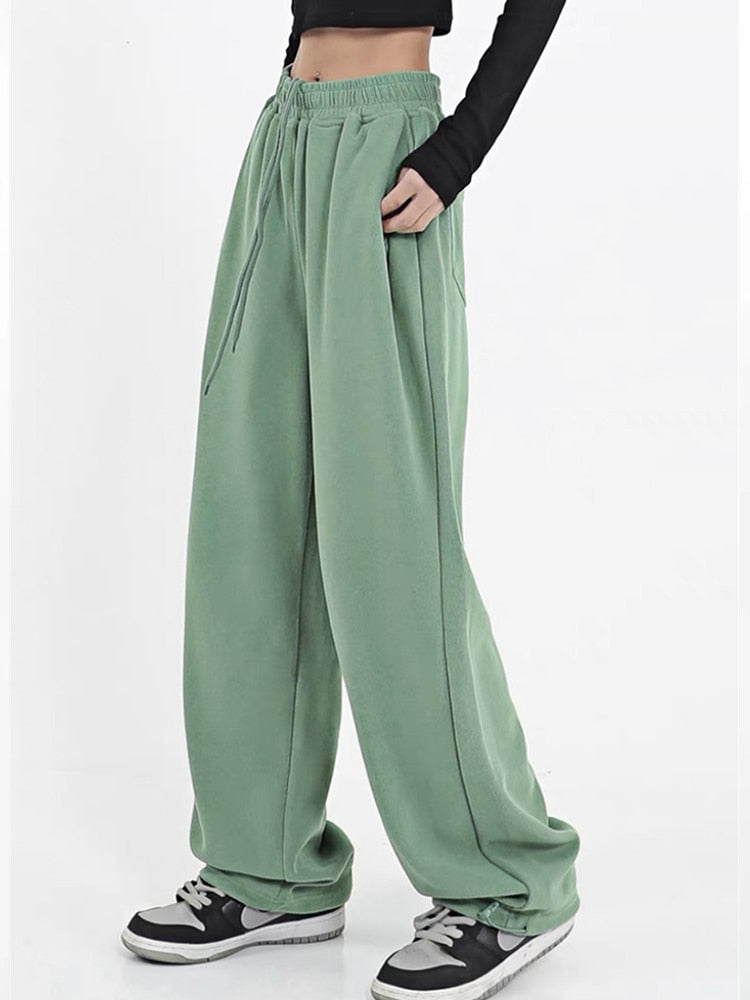 Women Solid Jogging Sweatpants Women Pants Baggy Sports Pants Chic High Waist Lace Up Folds Streetwear Casual Female Trousers