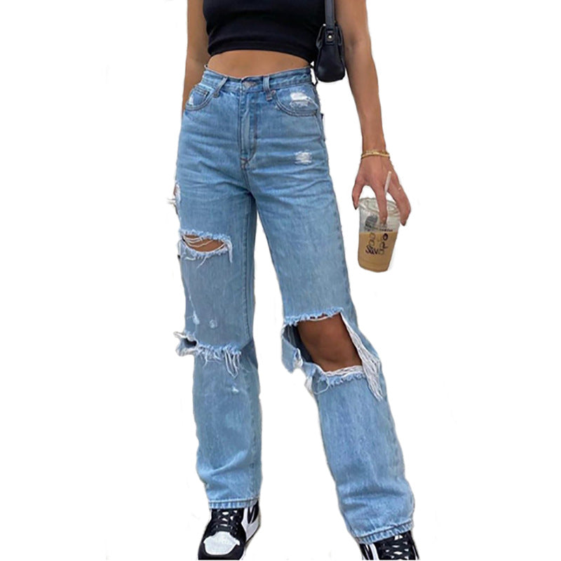 High Waist Straight Women's Ripped Jeans Women Blue Denim Trousers Fashion Streetwear Wide Leg Baggy Y2k Casual Pants