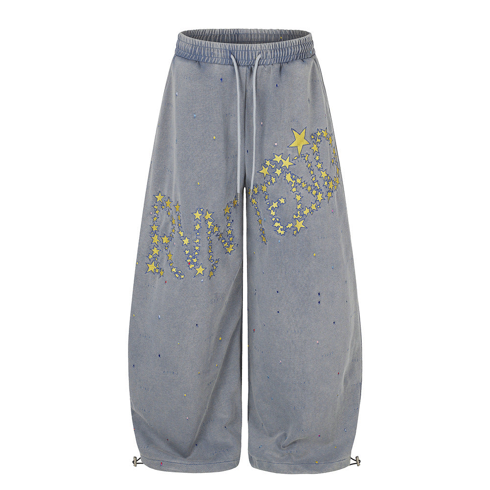 Men's Distressed Star Letter Print Wide Leg Baggy Pants Casual Streetwear Trousers