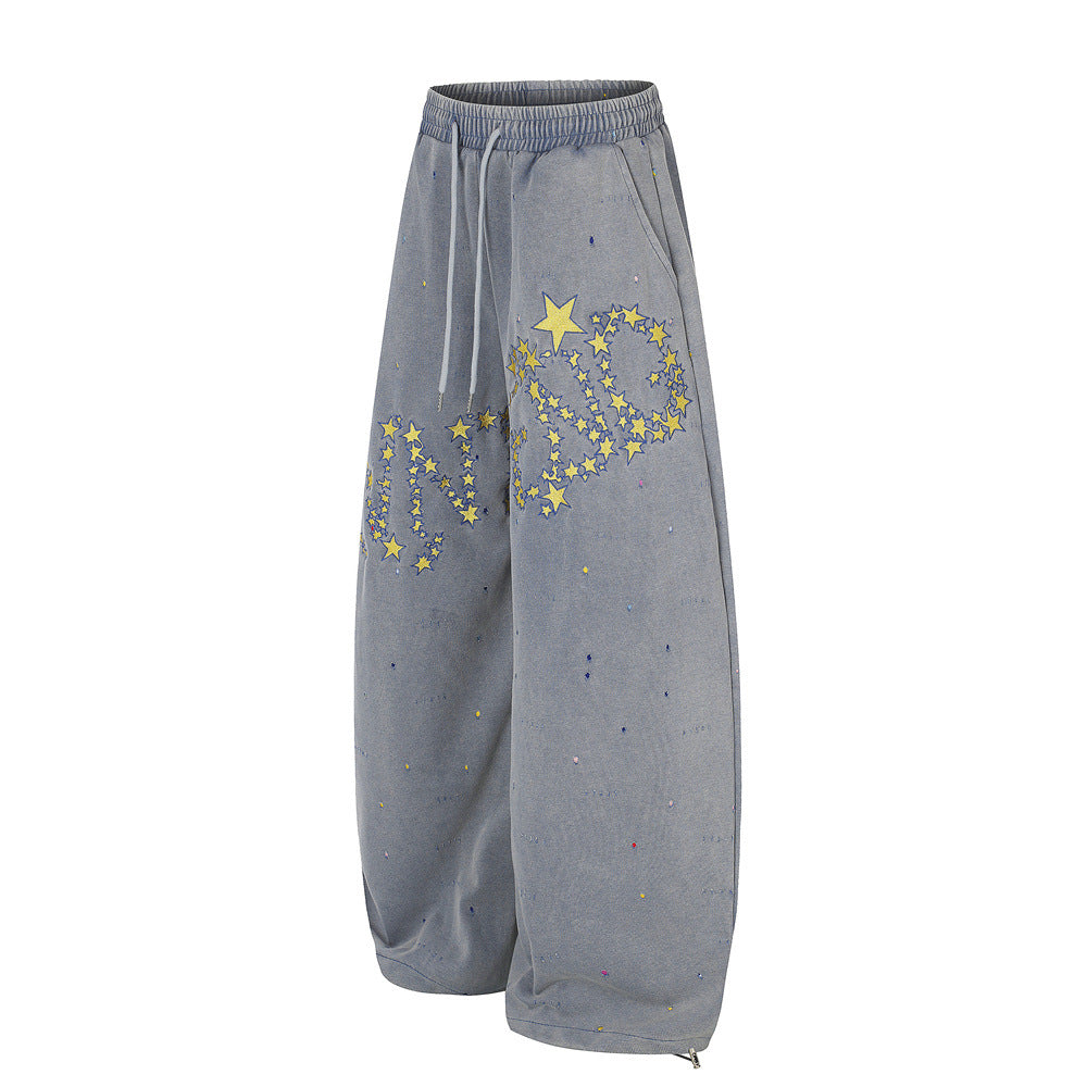 Men's Distressed Star Letter Print Wide Leg Baggy Pants Casual Streetwear Trousers