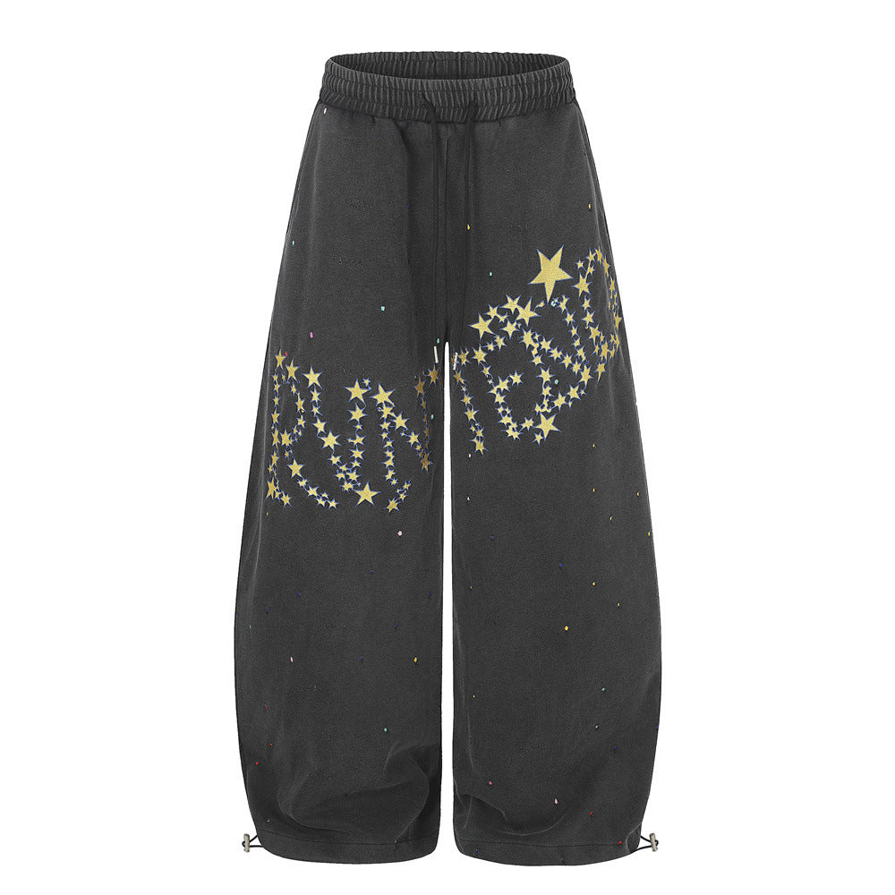 Men's Distressed Star Letter Print Wide Leg Baggy Pants Casual Streetwear Trousers