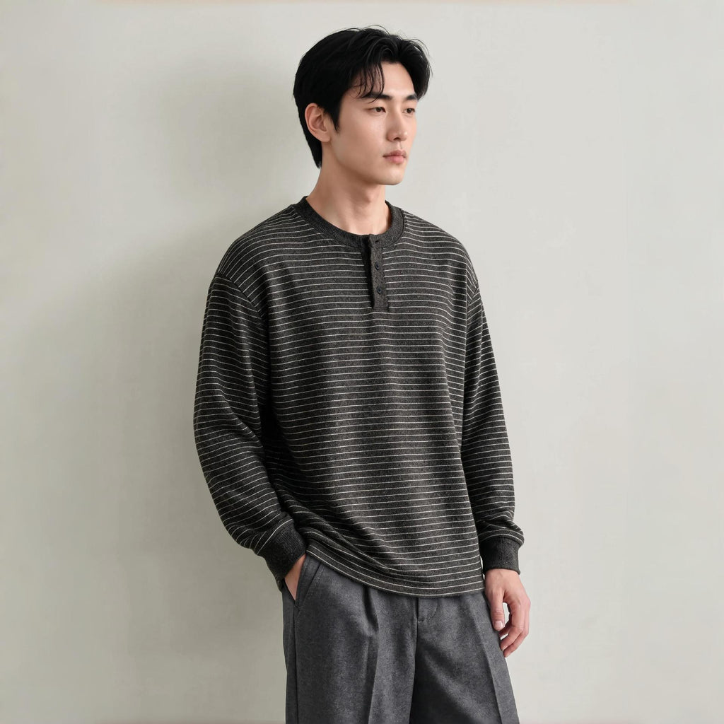 Men's Vintage Casual Loose Fit Striped Long Sleeve Henley Collar Fleece Lined Wool Blend Sweatshirt