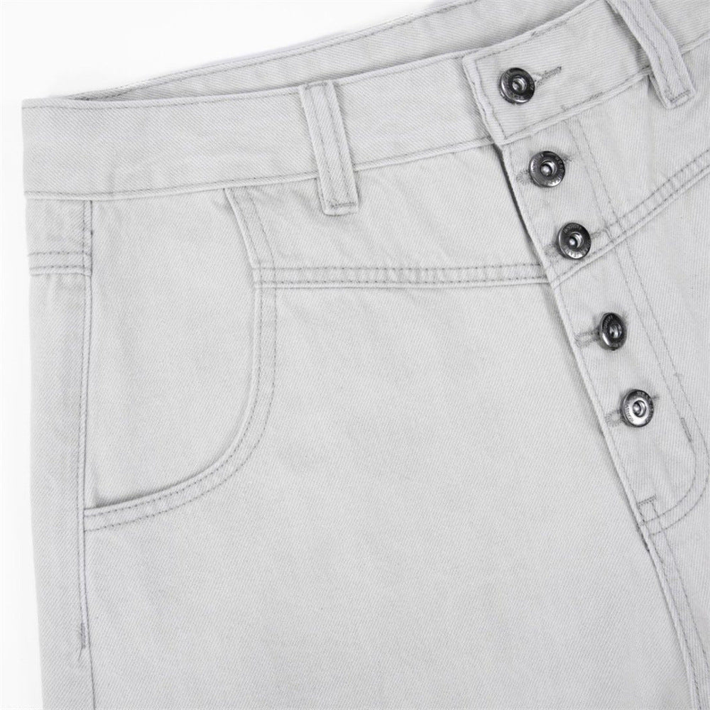Men's Clean Fit Denim Button Fly Straight Leg Casual Pants with Back Pocket Embroidery