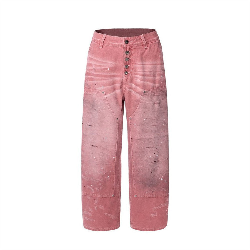 Men's Casual Wasteland Punk Paint Splatter Distressed Ripped Patchwork Canvas Button Straight Leg Cargo Pants