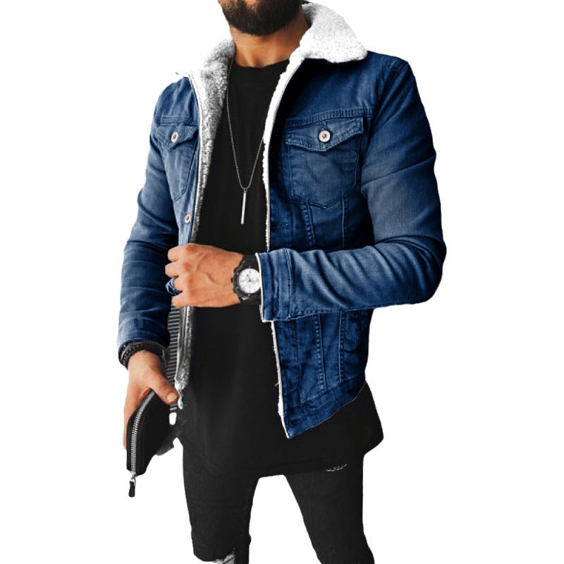 Autumn Winter Men's Imitation Lamb Fleece Thickened Warm Denim Coats Plush Lapel Button Long Sleeve Denim Jackets for Men