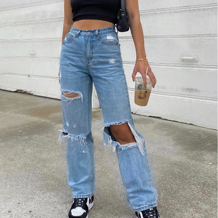 High Waist Straight Women's Ripped Jeans Women Blue Denim Trousers Fashion Streetwear Wide Leg Baggy Y2k Casual Pants
