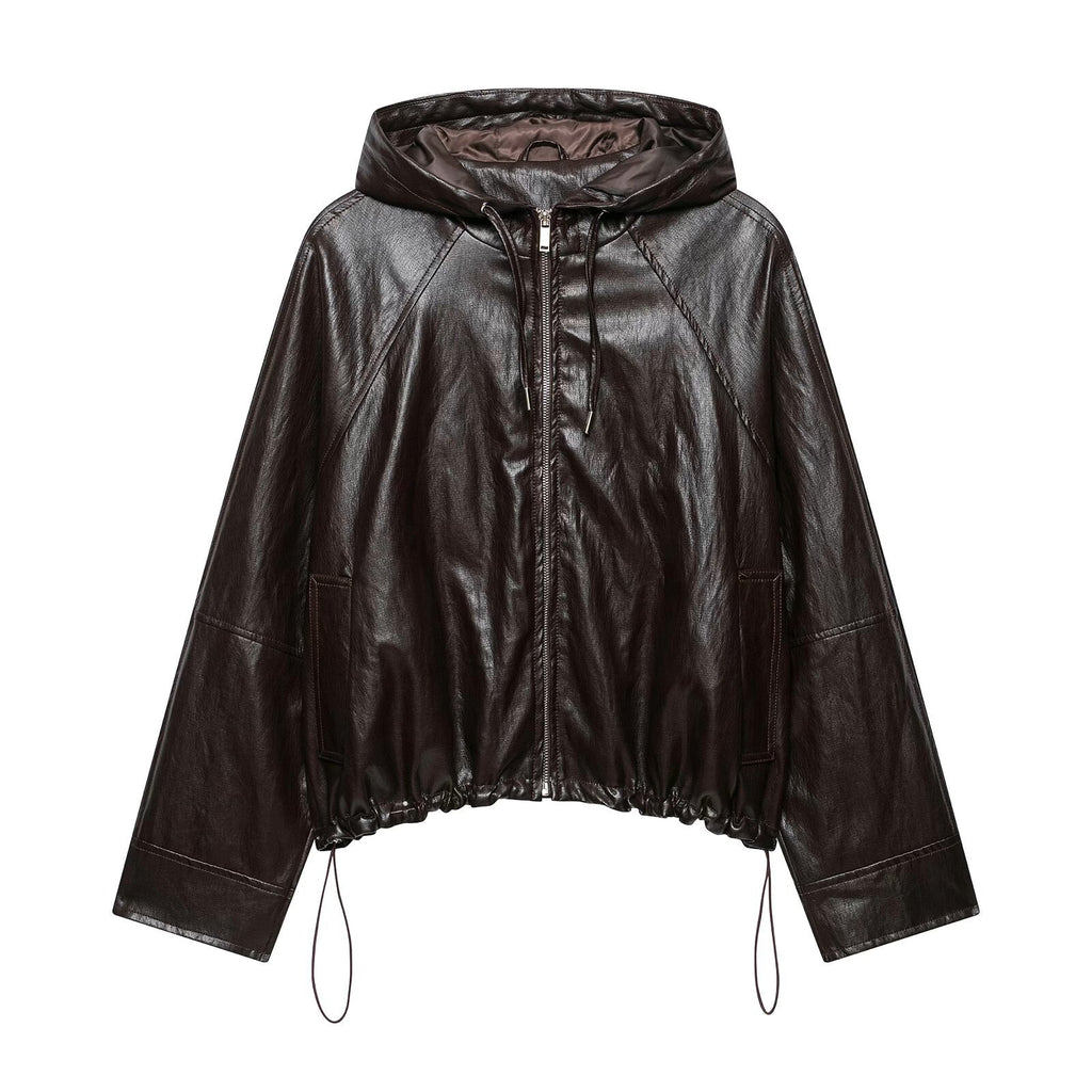 Leather effect hooded jacket leather jacket
