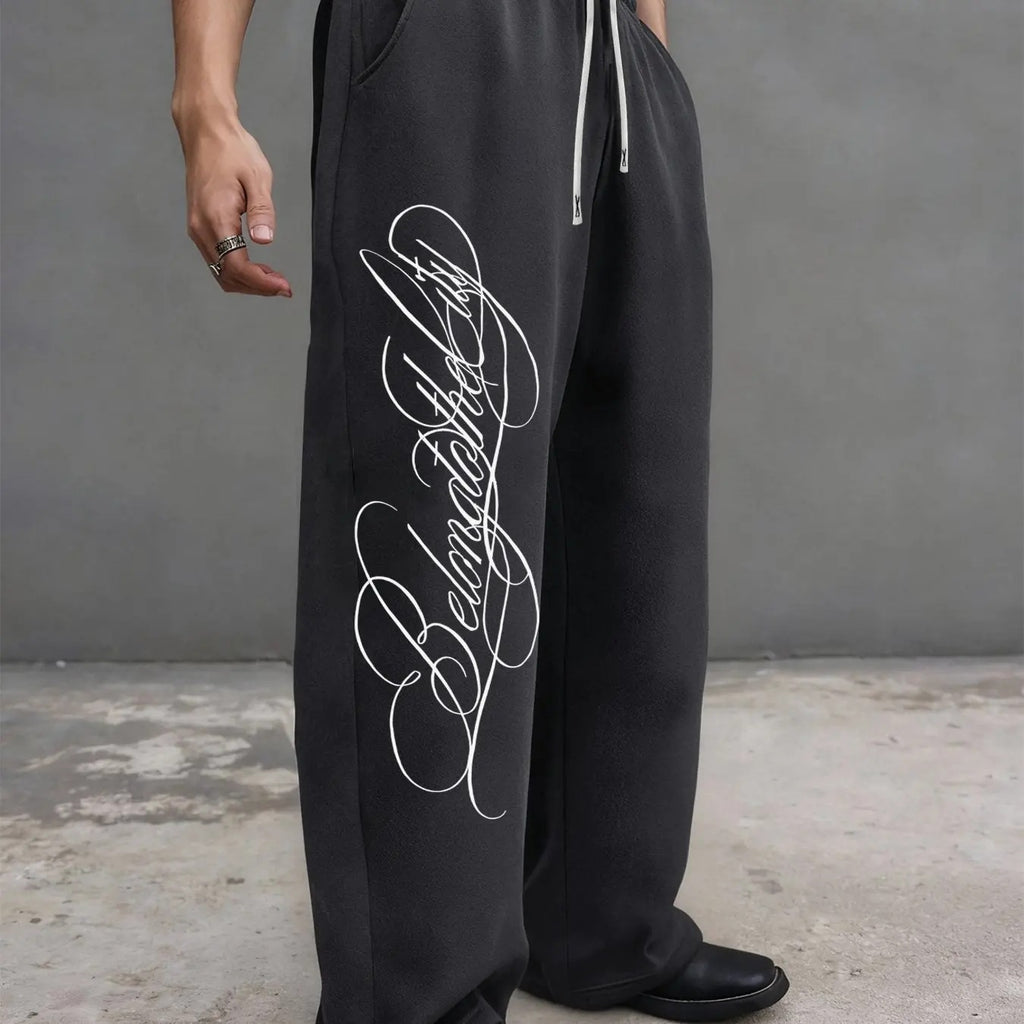 Dark Gothic Letter Print Loose Wide-leg Drawstring Unisex Sweatpants