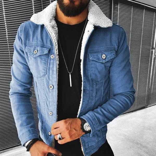 Autumn Winter Men's Imitation Lamb Fleece Thickened Warm Denim Coats Plush Lapel Button Long Sleeve Denim Jackets for Men
