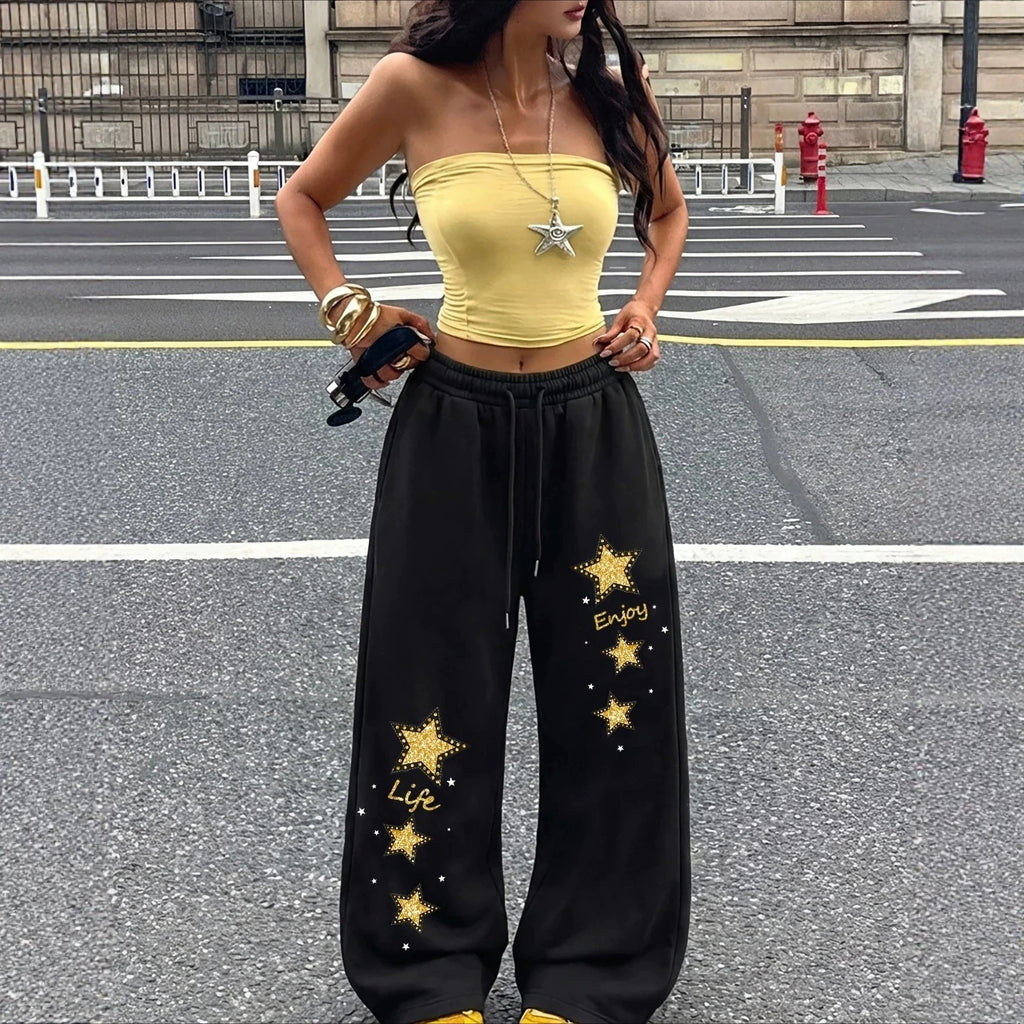 Dark Gothic Star Print Wide Leg Drawstring Sweatpants Unisex