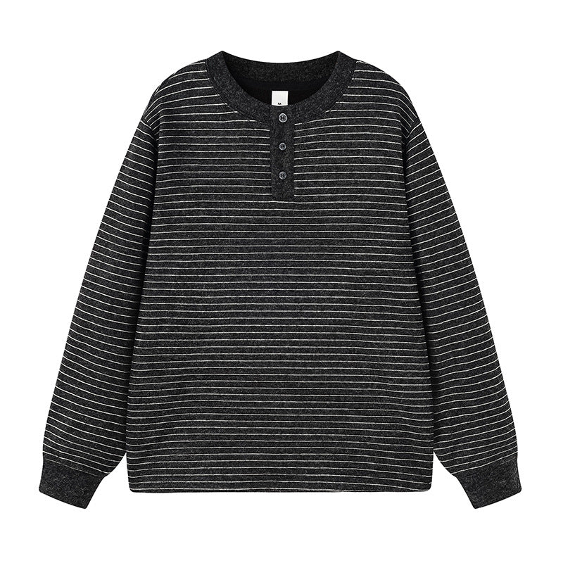 Men's Vintage Casual Loose Fit Striped Long Sleeve Henley Collar Fleece Lined Wool Blend Sweatshirt