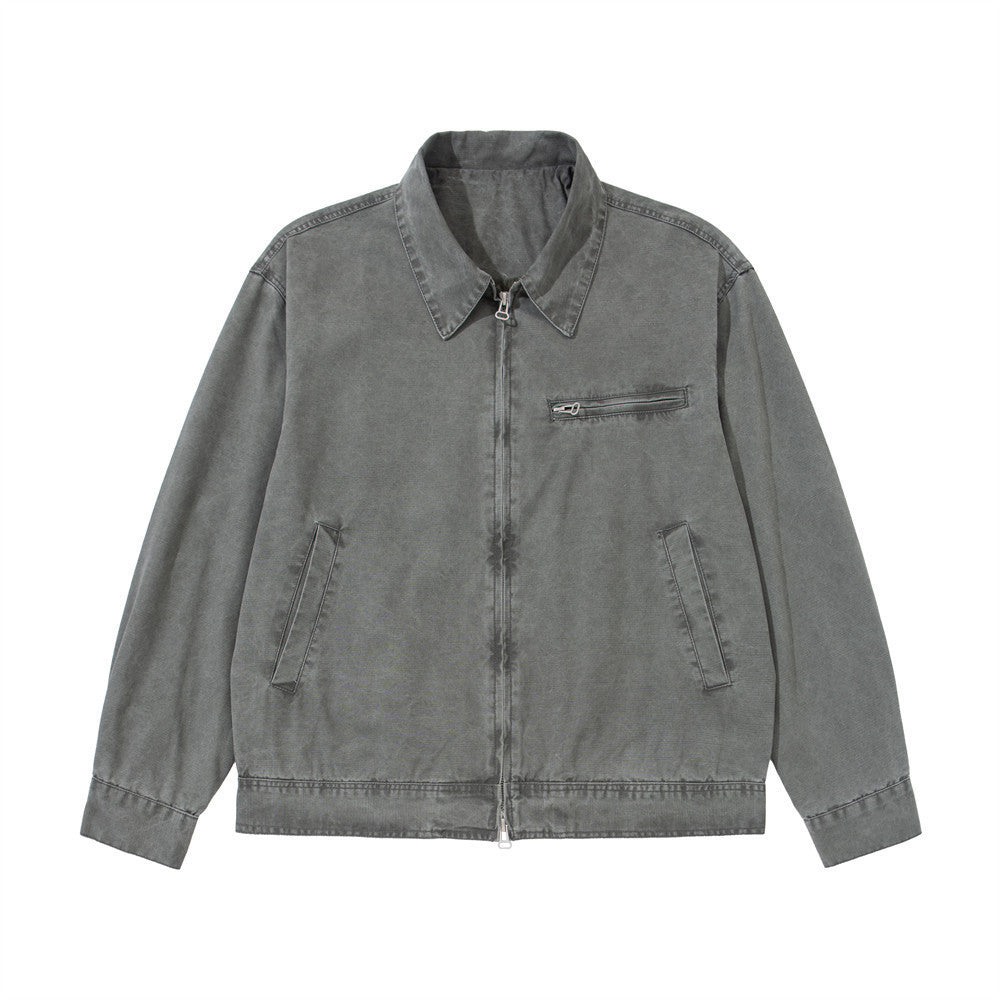 Vintage  Distressed Washed Two-Way Zipper Lapel Collar Loose Fit Men's Workwear Jacket