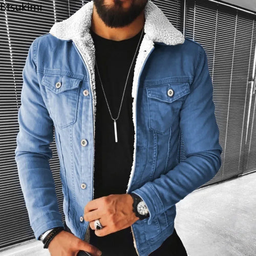 Autumn Winter Men's Imitation Lamb Fleece Thickened Warm Denim Coats Plush Lapel Button Long Sleeve Denim Jackets for Men