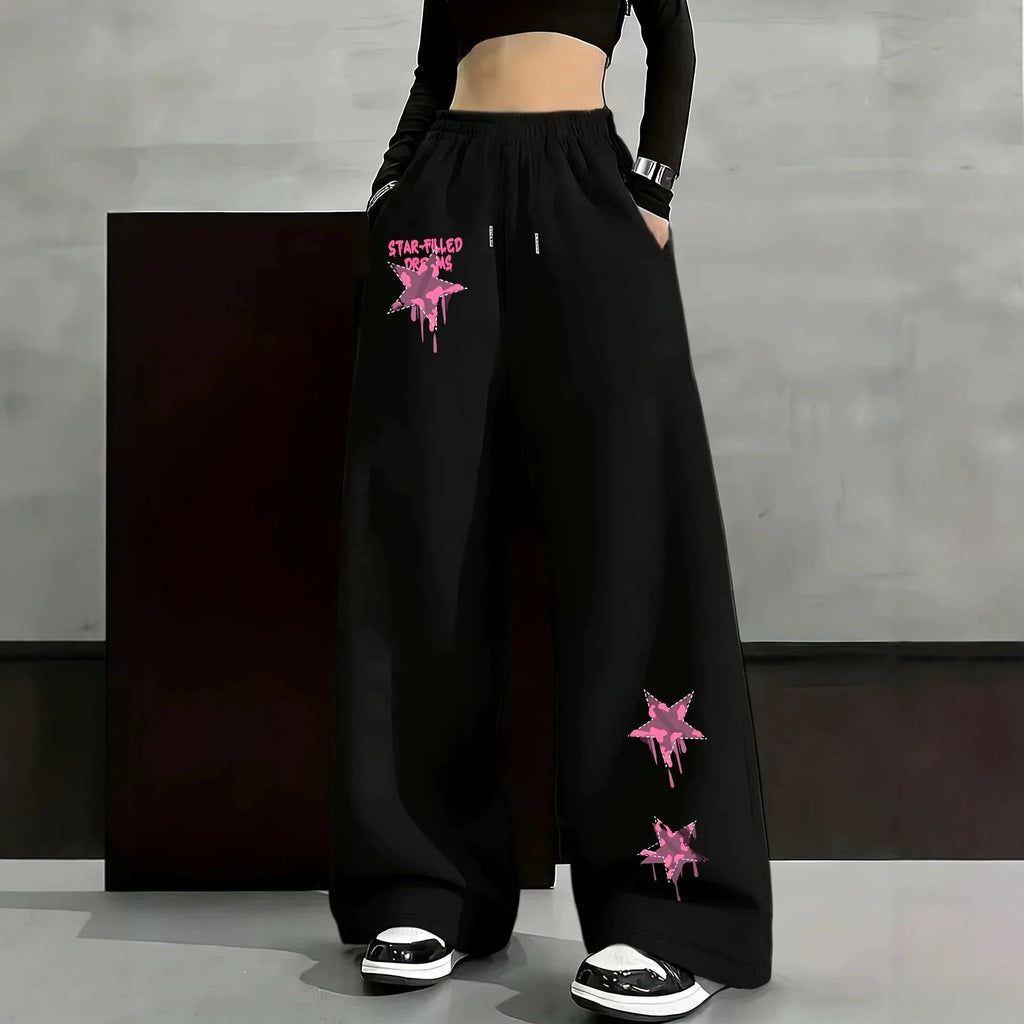 Dark Gothic Star Print Wide Leg Drawstring Sweatpants Unisex
